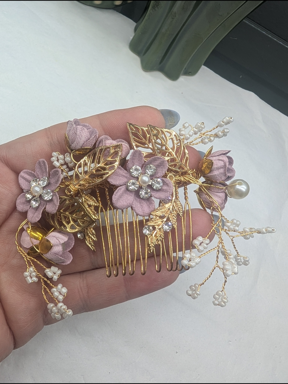Gold Floral Hair Comb with Pink Fabric Flowers and Pearls